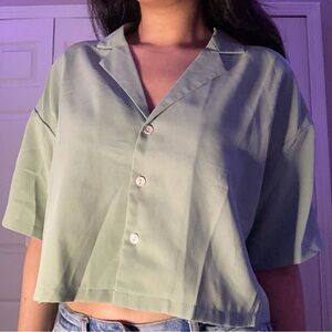 Sage Green Button-Down Crop Shirt
